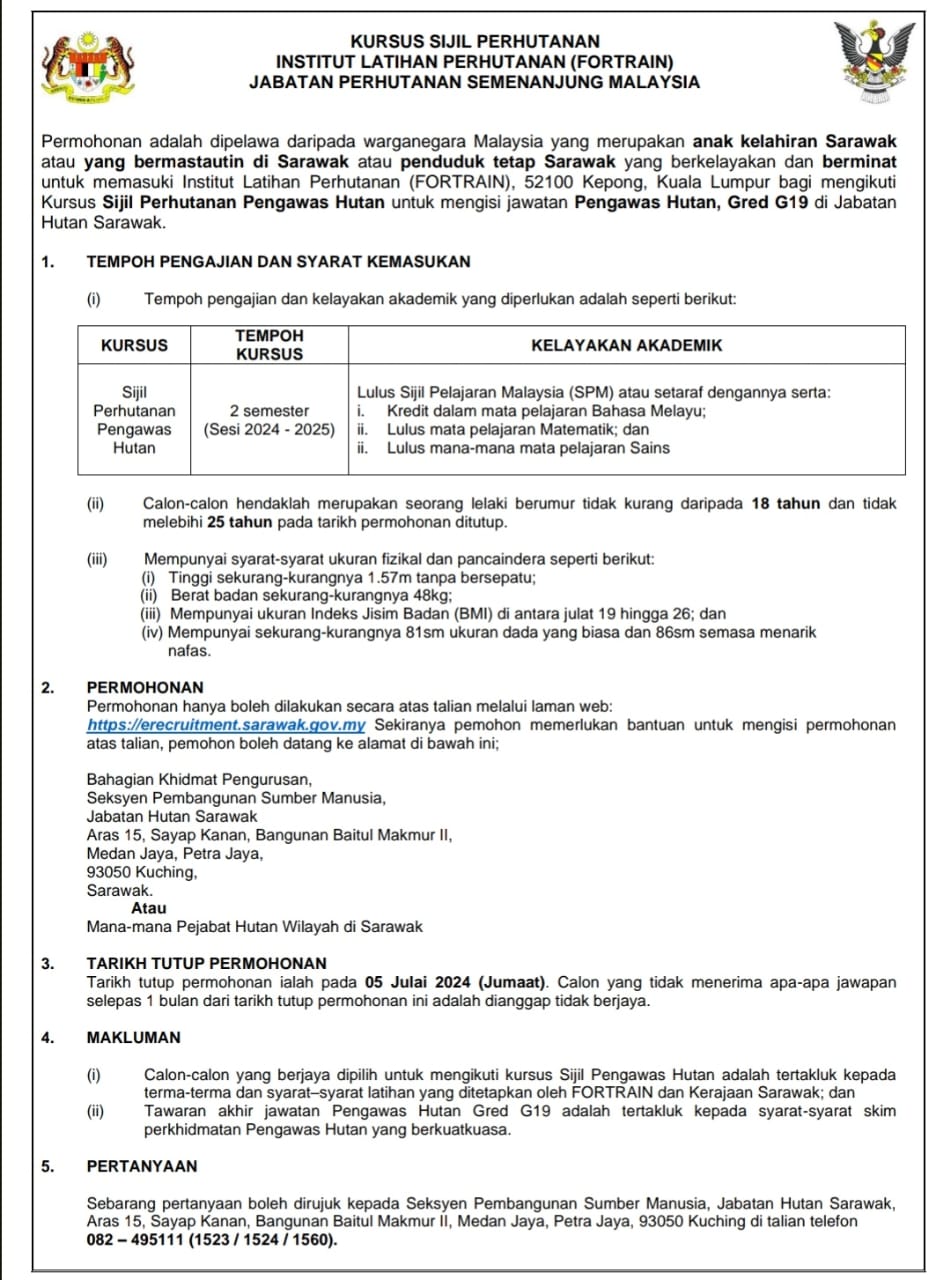 Iklan Kursus Sijil Perhutanan Institut Latihan Perhutanan (FORTRAIN) Jabatan Perhutanan Semenanjung Malaysia