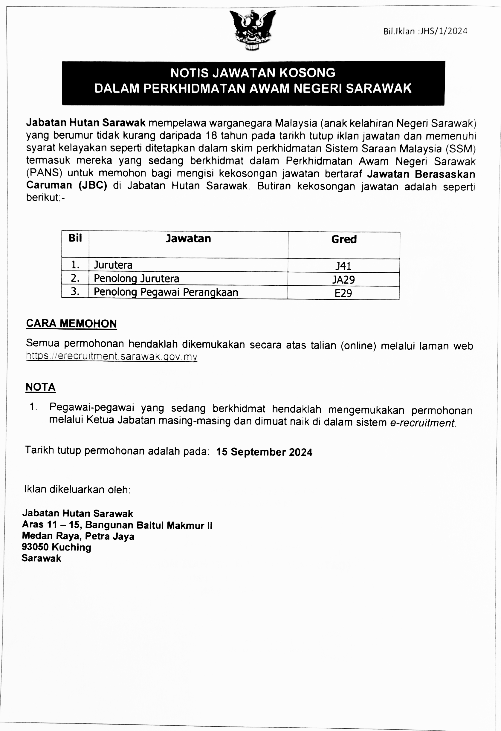 Jawatan Kosong Dalam Perkhidmatan Awam Negeri Sarawak - Jabatan Hutan Sarawak